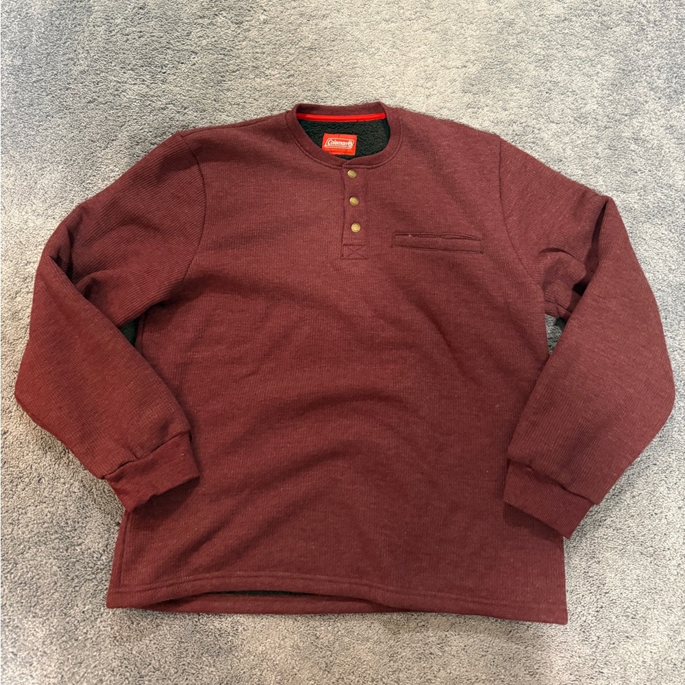Coleman Pullover Sweater Mens L Maroon Henley Fleece Lined Waffle Knit Warm